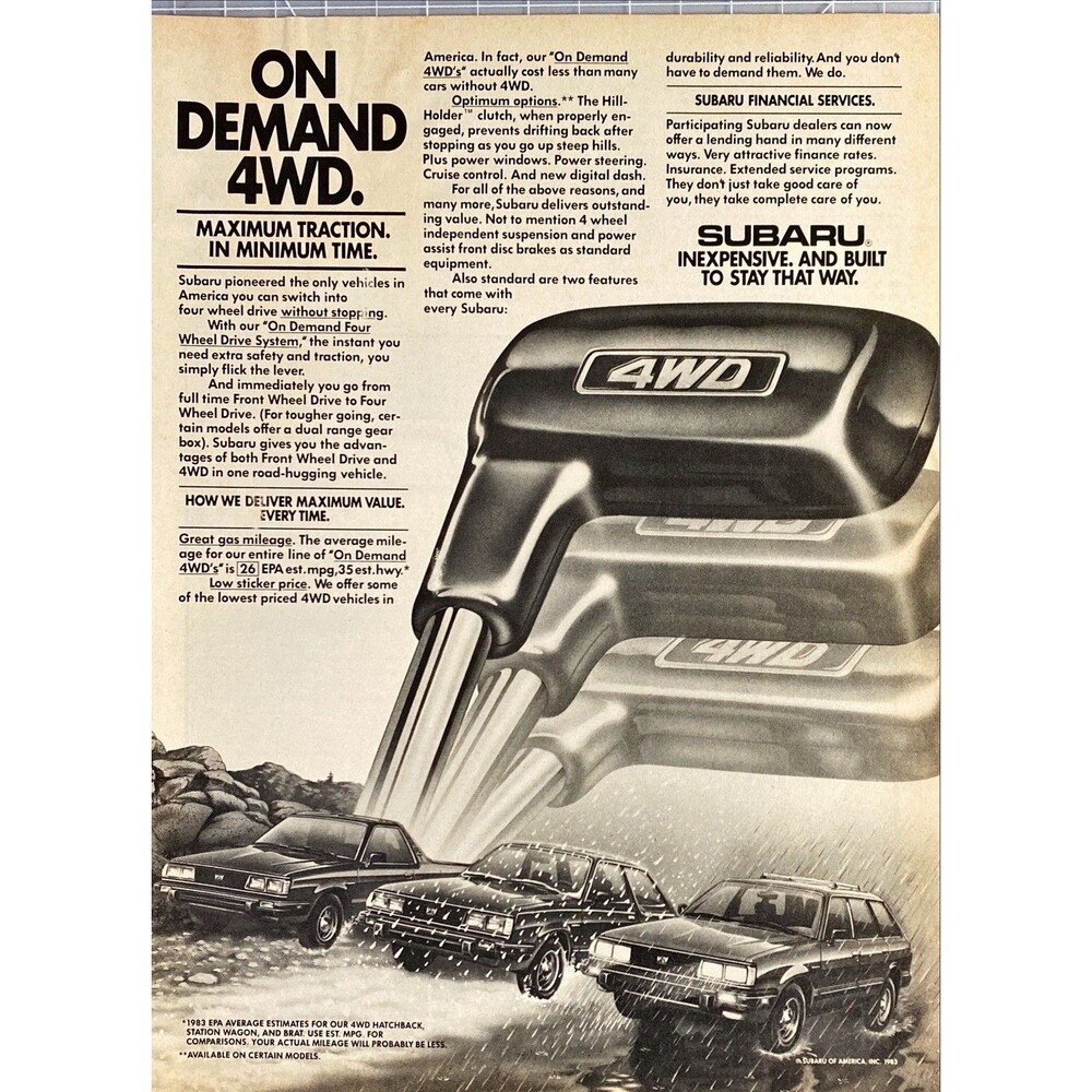 Subaru "On Demand Four Wheel Drive System" Vintage Print Ad 1983